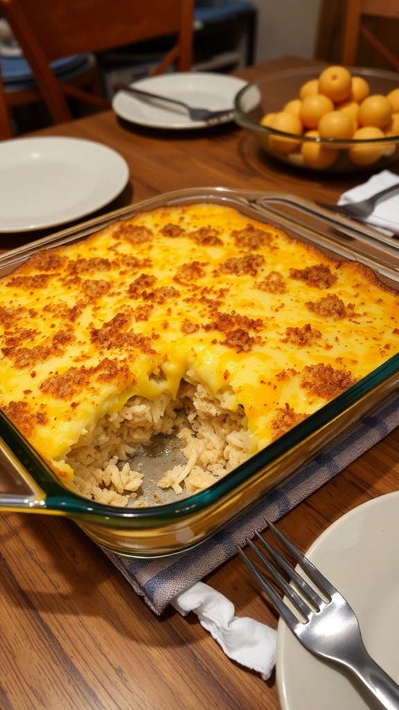 Hearty Chicken and Rice Casserole Recipe A golden brown chicken and rice casserole in a glass dish, topped with cheese and breadcrumbs, ready to serve.